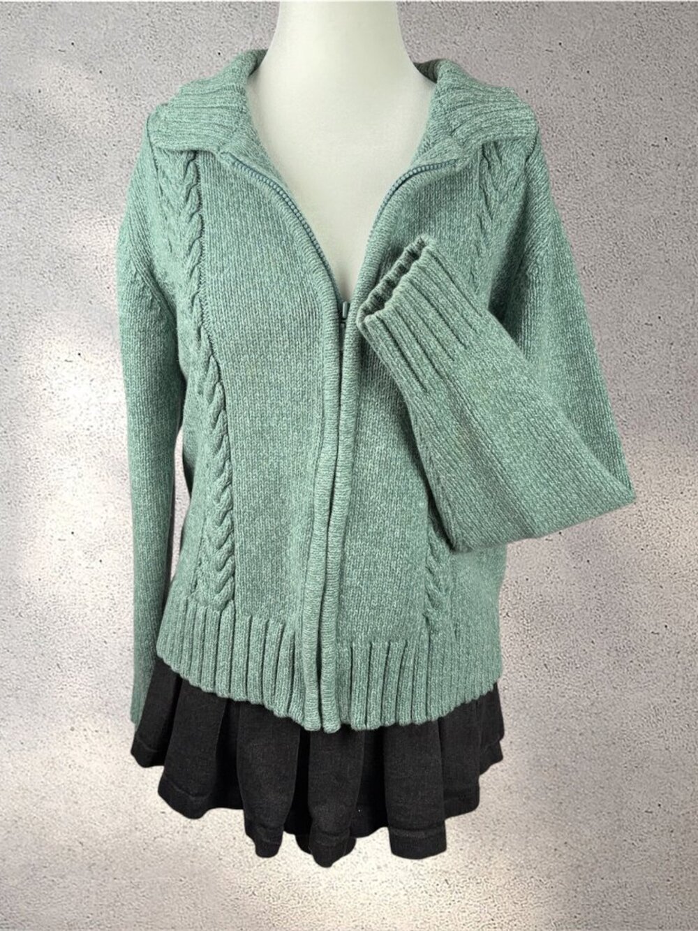 VTG Cabela's Cable Knit Full-Zip Cardigan Women's L Teal Cozy Grandpa Cabincore